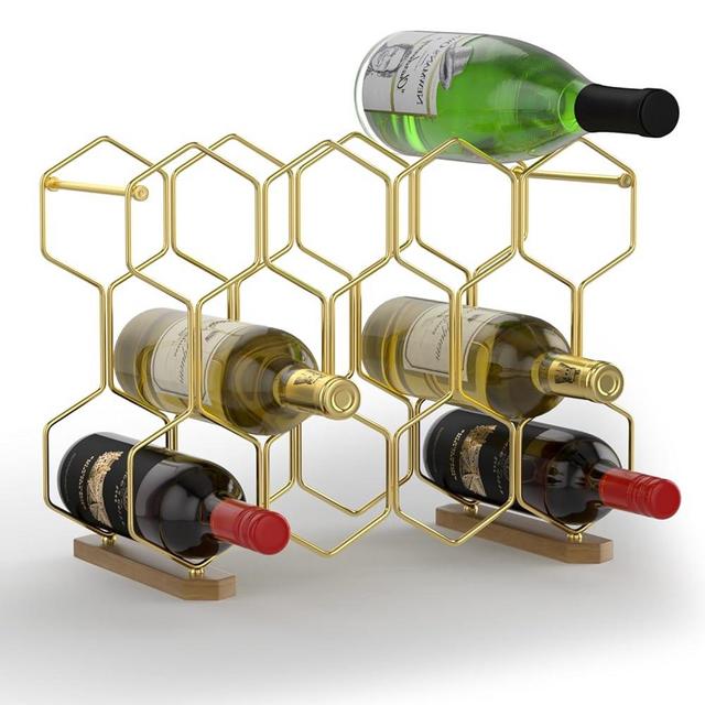 Buruis Countertop Wine Rack with Wood Base, 14 Bottle Tabletop Wine Holder for Various Wine Bottles, Durable and Sturdy Freestanding Modern Wine Holder for Home Decor, Bar, Cabinet,Pantry (Gold)