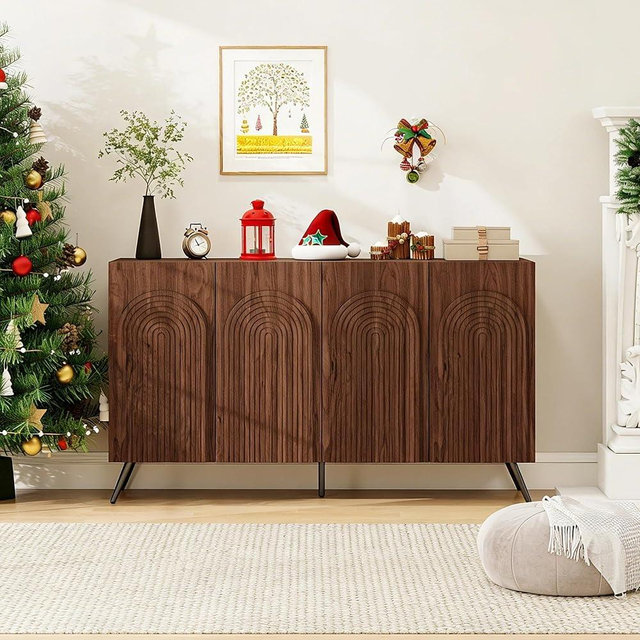 mixtavie 59" Accent Storage Cabinet with 4 Doors, Modern Decorative Cabinet with 3D Carved Door, Sideboard Buffet Cabinets with Adjustable Shelves, Credenza for Living Room, Entryway, Kitchen, Walnut