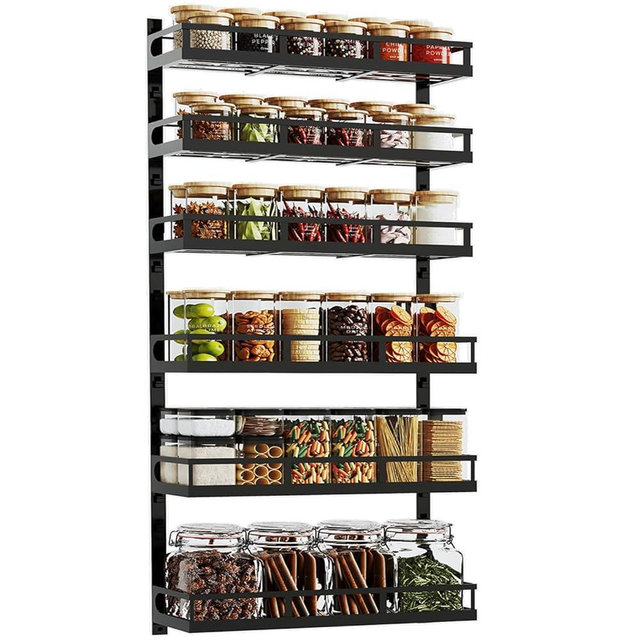 X-cosrack 6-Tier Wall-Mounted Spice Rack Organizer with Mixed Basket Sizes, Height-Adjustable Hanging Spice Shelf for Kitchen Pantry Cabinet, Large-Capacity Seasoning Holder, Black