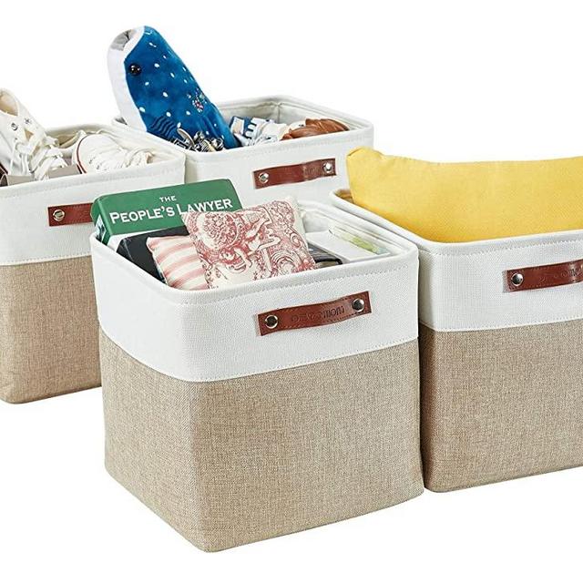 DECOMOMO Foldable Storage Bin | Collapsible Sturdy Cationic Fabric Storage Basket Cube W/Handles for Organizing Shelf Nursery Home Closet (Khaki and White, Medium - 12 x 12 x 12-4 Pack)