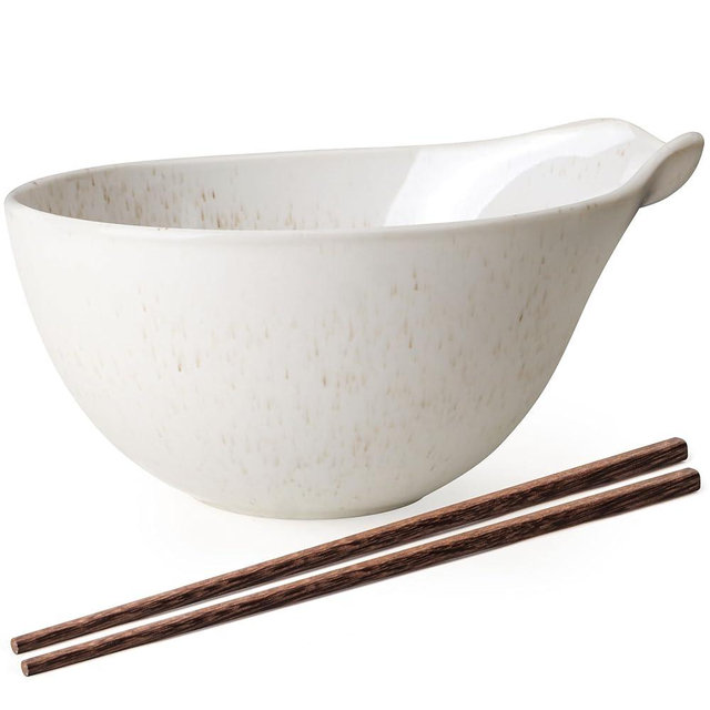 Artena Ramen Bowl with Chopsticks, 42oz Ceramic Noodle Bowl, Large Soup Bowl, Pasta Bowl Set, Big Salad Bowl, Deep Pho Bowl for Dumplings, Cereal, Rice, Dishwasher Microwave Safe, Gourd Design, White