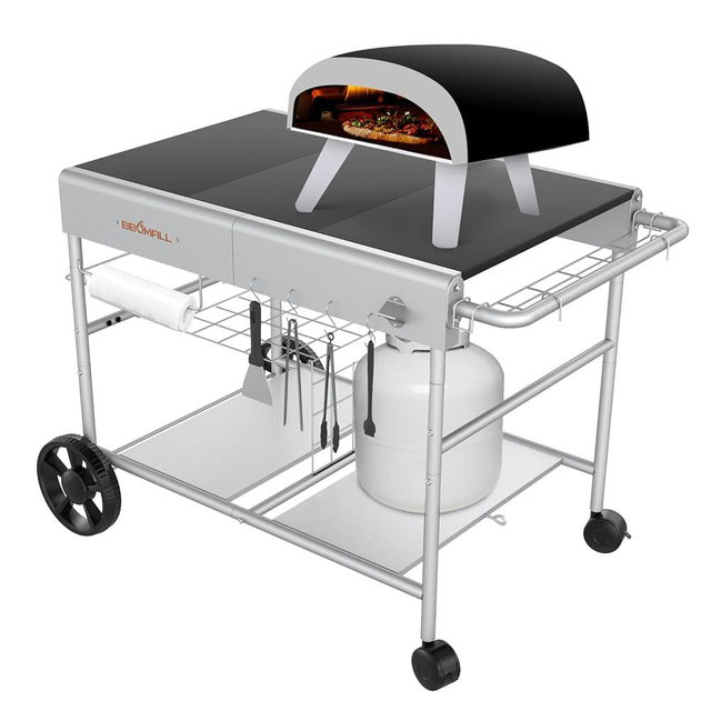 BBQMall Upgraded Pizza Oven Cart Table for Ooni Koda/Karu/Fyra 16 & 12, Movable Thicken & Widen Rolling Kitchen Cart, Outdoor Grill Stand for Ninja Woodfire,Blackstone Griddle,Carts with Wheels