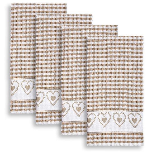 Cackleberry Home Laurel Hearts Check Terrycloth Kitchen Towels, Set of 4 (Tan)