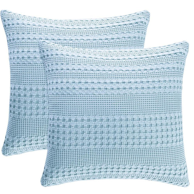 PHF 100% Cotton Waffle Weave Euro Sham Covers, 2 Pack 26" x 26" Bed Pillow Covers for Elegant Home Decor, No Filling, Luxury Aesthetic Soft Euro Pillow Cases for Bed, Baby Blue