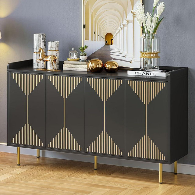 YITAHOME Sideboard Cabinet, 55 Inch Modern Coffee Bar Cabinet with Storage for Carved Design, Large Buffet Cabinet with Rebound Door ＆ Shelve, Wood Buffet Table with Storage for Kitchen, Black