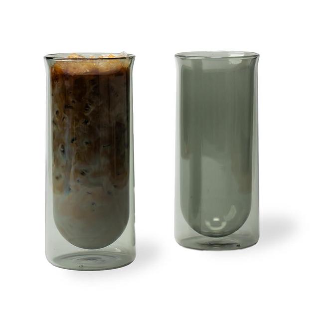 FLUR Iced Coffee Glass (Set of 2): For Iced Coffee and Iced Drinks - Double-Walled Borosilicate Glass - Handmade - 15.5oz (Smoke)