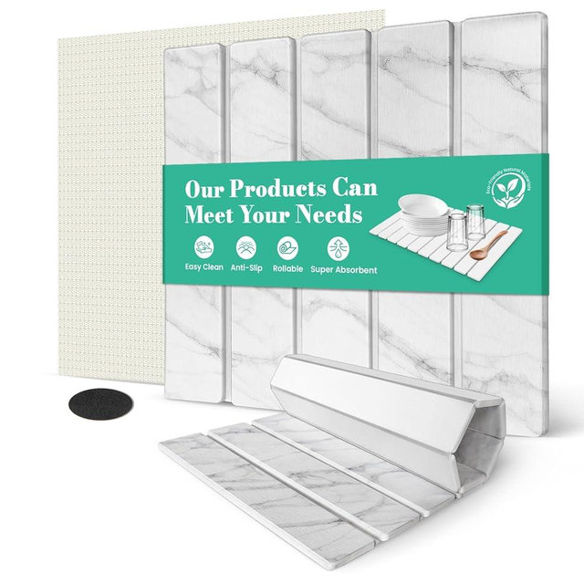 Large Stone Dish Drying Mat Collapsible Diatomaceous Earth Absorbent Mat Quick Dish Drying Pad Dish Rack Pad Match Any Counterto Multiple Usage for Kitchen,Bathroom (White Marble Pattern)
