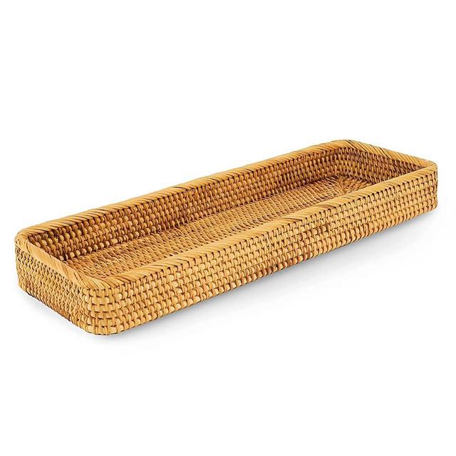 Long Narrow Tray Rattan Decorative Trays for Coffee Table 17 x 6 x 2 in Dresser Organizer Countertop Tray Kitchen Toilet Paper Holder Storage Basket Wicker Baskets for Organizing Shelves (Honey Brown)