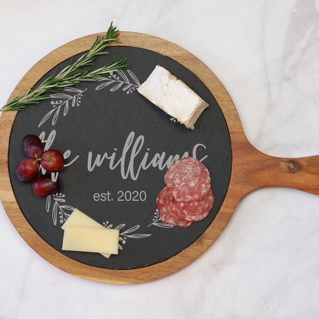 Custom Round Cheese Board, Charcuterie Board, Slate Meat and Cheese Gift, House Warming, Wine Lover, Anniversary, Wedding Gift for Couple