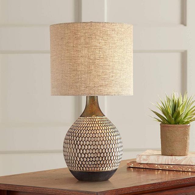 Emma Mid Century Modern Style Accent Table Lamp 21" High Brown Textured Wood Ceramic Oatmeal Fabric Drum Shade Decor for Living Room Bedroom House Bedside Nightstand Home Office - 360 Lighting