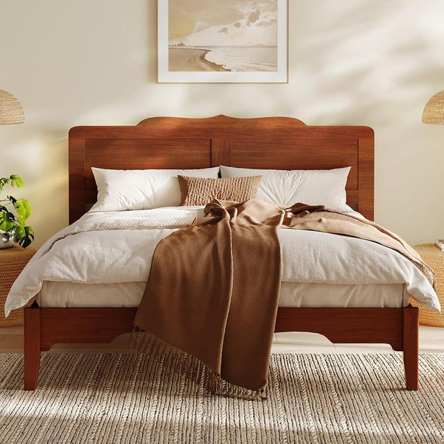 Uteeran Queen Bed Frame with Headboard, Wooden Platform Bed with Wood Slats Support, Modern Bed Frame with Storage&Charging Station, No Box Spring Needed, Easy Assembly, Noise Free, Brown