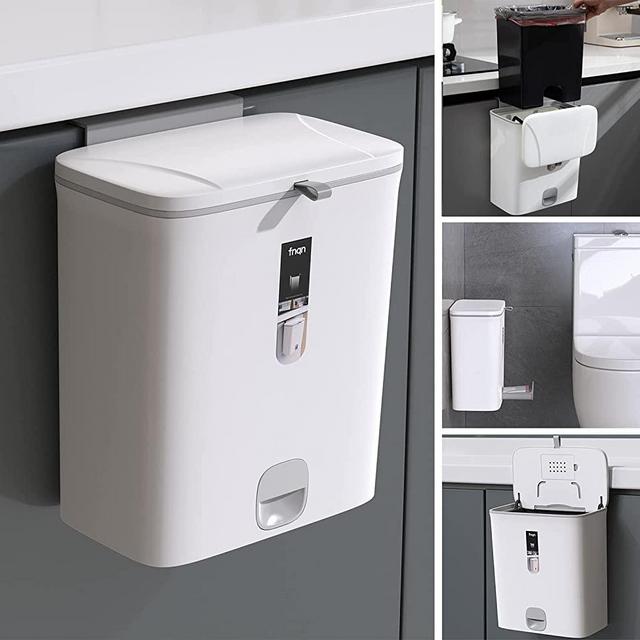 Trash Can Kitchen Bathroom Trash Can with Lid,Sooyee 2.4 Gallon Small Trash Can,Hanging or Standing Plastic Compost Bin for Cupboard/Bedroom/Office/Camping,Waste Basket,White
