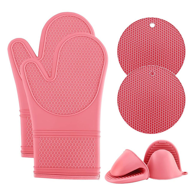 COOK WITH COLOR Silicone Oven Mitts- Heat Resistant Gloves with Soft Quilted Lining Oven Mitt Pot Holders for Cooking and BBQ, Pink, Mitt Set