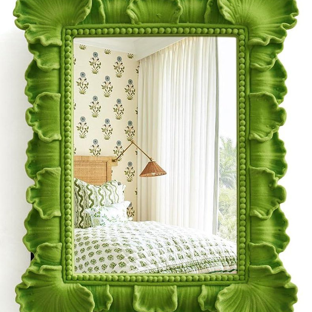 TEIPAI Unique Mirror Wall Decor with Resin Leaf Frame and Soft Velvet Touch for Bedroom Aesthetic, 14x12 Decorative Hanging Mirror Art Gift for Wedding Birthday Housewarming Christmas (Lawn Green)