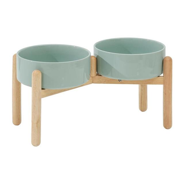 Havniva Ceramic Raised Dog Bowl with Stand for Medium and Large Breed Dog Dish Pet Food and Water Bowl (Double Bowl with Stand - Light Green, 8" D)