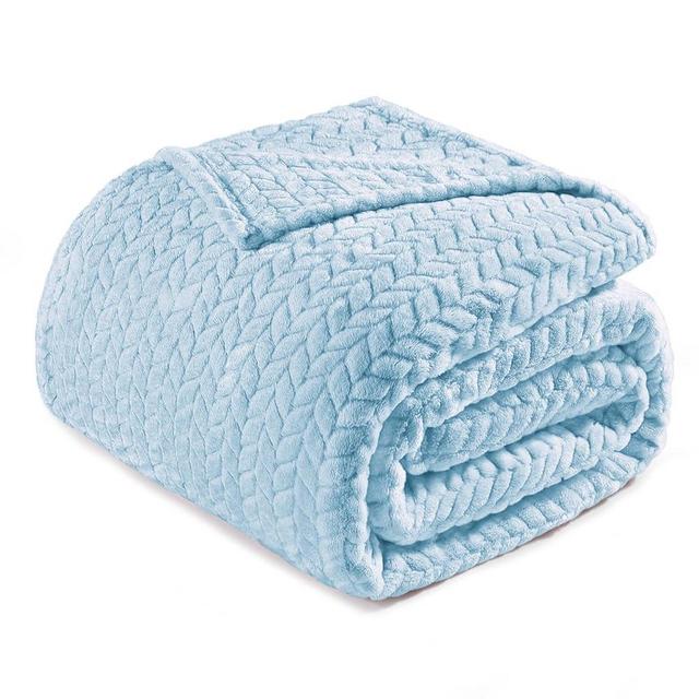 Exclusivo Mezcla Light Blue Fleece Queen Size Blanket for Bed, 90x90 Inches Soft Cozy 3D Decorative Jacquard Flannel Blankets, Lightweight Fuzzy Plush Warm Blankets for All Seasons