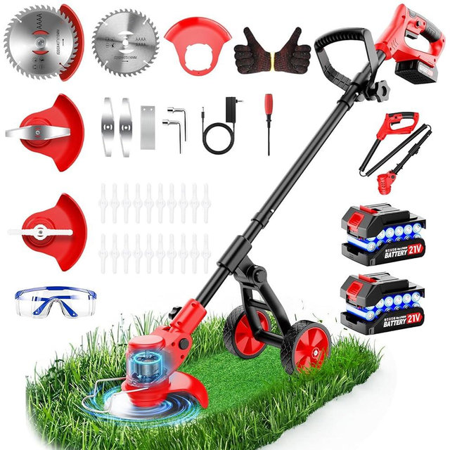 Electric Weed Wacker Cordless with Wheels, 4-in-1 Weed Eater Battery Powered 4000mAh 21V, Brush Cutter/String Trimmer/Grass Trimmer/Lawn Mower with 3 Types Blades, Lightweight Garden Tool, 2 Battery