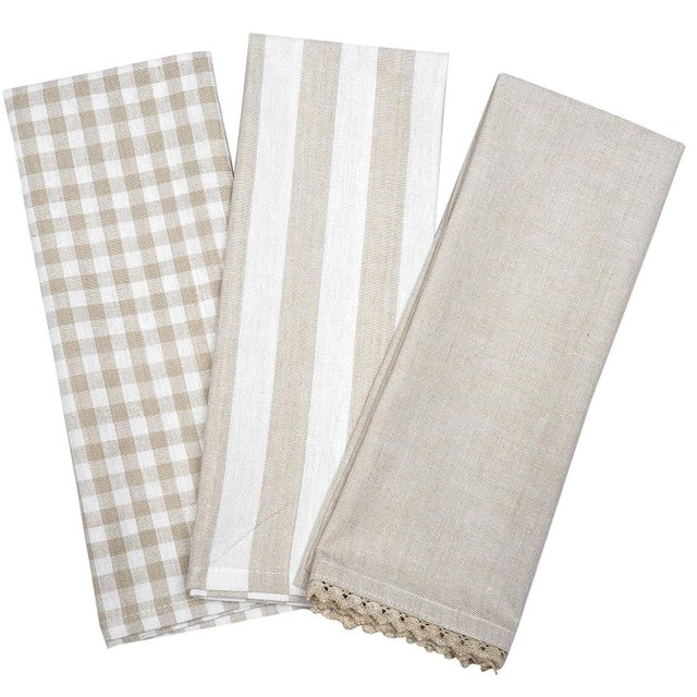 AKCOT Kitchen Towels or Tea Towels with Hanging Loop | Cotton Flax | 20" X 28" | Set of 3 | Super Absorbent, Quick Drying, Hand Towels for Modern Kitchen Décor | Assort Design