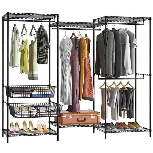 VIPEK V10 Wire Garment Rack 5 Tiers Heavy Duty Clothes Rack with 4 Hanging Rods, 6 Wire Shelves & 2 Slid Storage Baskets, Large Size Clothing Rack 85.8" W x 17.3" D x 70.5" H, Max Load 800 LBS, Black