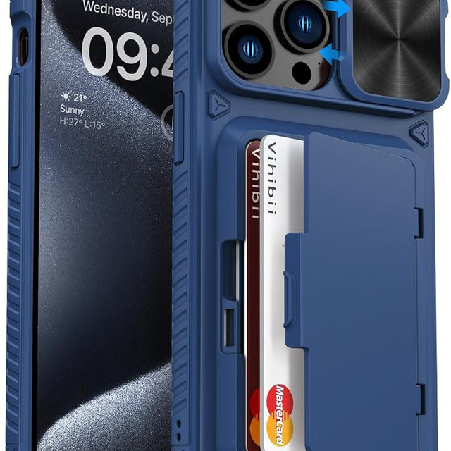 Vihibii for iPhone 15 Pro Max Wallet Case with Card Holder (4 Cards) & Slide Lens Protective Cover & Kickstand & Raised Edges Protect Screen, Shockproof Rugged Case for iPhone 15 Pro Max 6.7", Blue