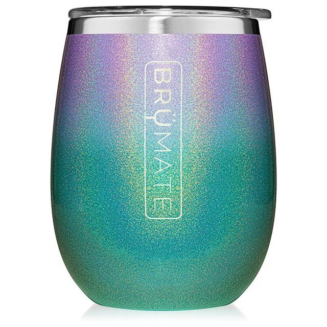 BrüMate Uncork'd XL 14oz Wine Glass Tumbler With Splash-proof Lid - Made With Vacuum Insulated Stainless Steel (Glitter Peacock Violet Ombre)