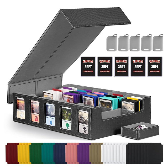 Kabinka Trading Card Storage Box with Commander Display, 5-Row Deck Case with Removable Lid; 3900+ Card Deck Box for MTG TCG Sports Cards, 5 Toploaders, 5 Stoppers, 48 Dividers,1 Dice Tray (Black)