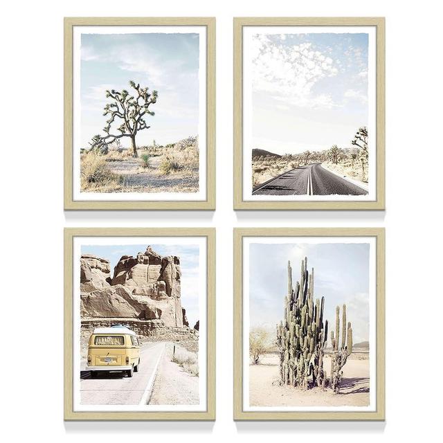 Cactus Framed Wall Art Decor: Living Room Bedroom Modern Desert Nature Landscape Picture Western Joshua Tree Botanical Print Painting Vintage Van Road Photography 4 Piece Vertical Artwork