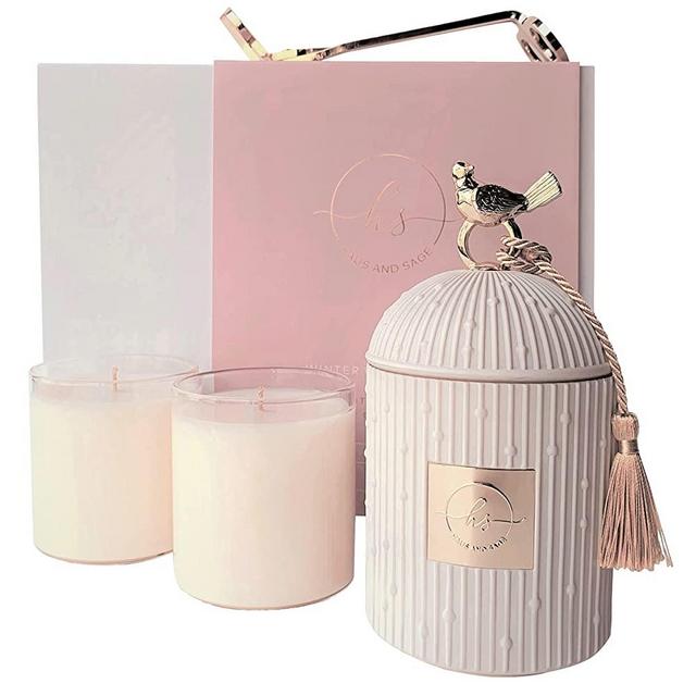 Luxury Candles for Home Scented Candle Gift Set - Candle Holder + 2 x 8.5oz Soy Candle Refills + Wick Trimmer - 115 Hour Burn - Scented Candles Gifts for Women - Centerpiece Table Decorations - 4 pcs