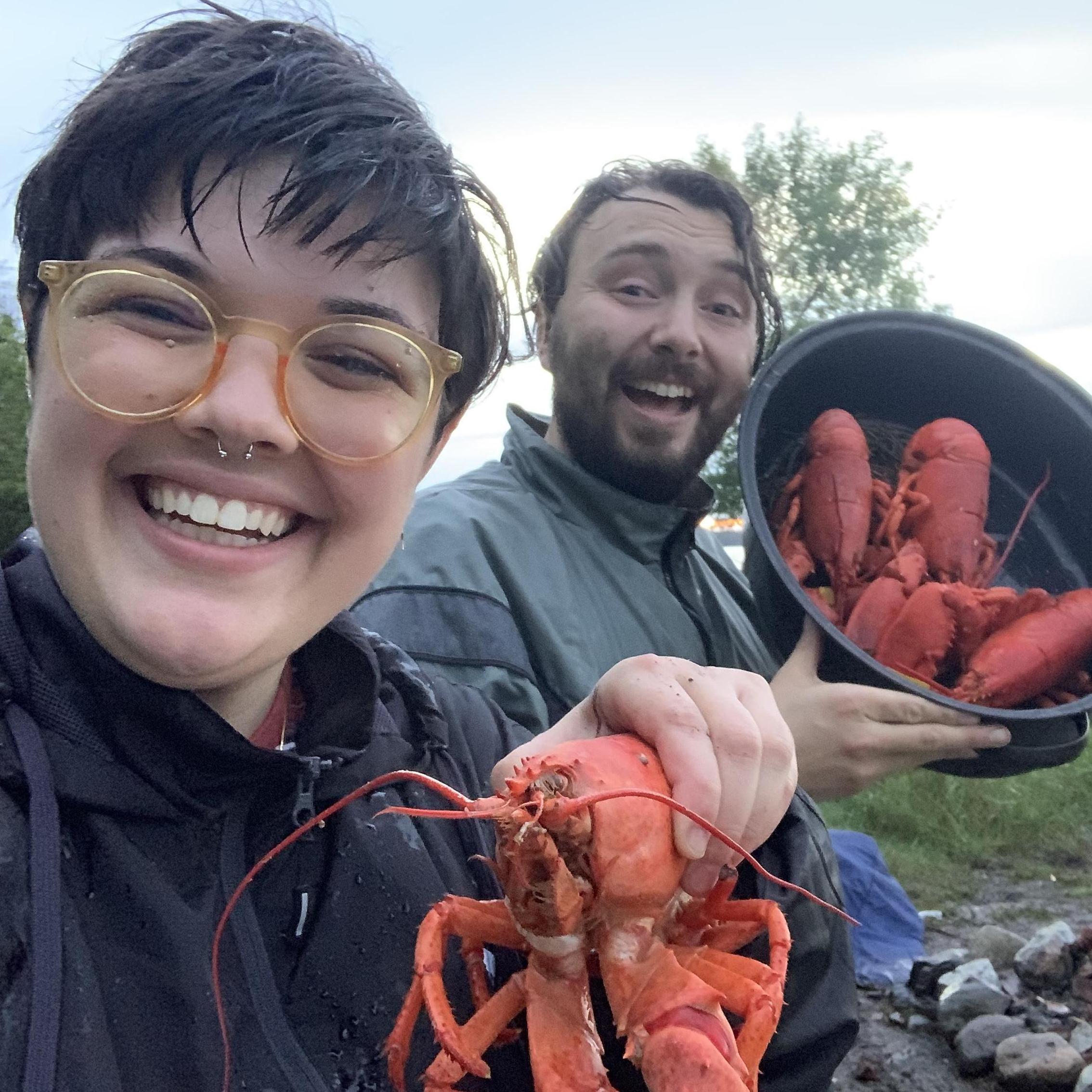 Cooked lobster on an open fire in the pouring rain