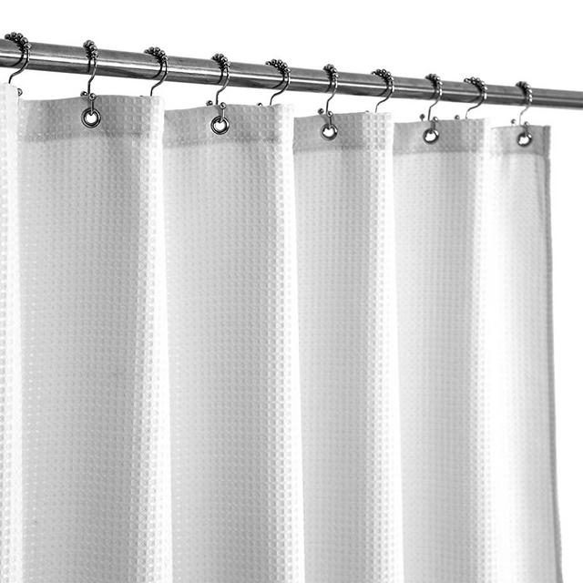 Extra Long Shower Curtain with 84 inch Height, Fabric, Waffle Weave, Hotel Luxury Spa, Water Repellent, Machine Washable, 230 GSM Heavy Duty, White Pique Pattern Decorative Bathroom Curtain