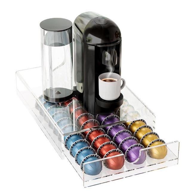BXINREDA Acrylic Coffee Pod Organizer for Nespresso Vertuo Pod Holder 40 Pods Clear Vertuo Pod Storage Drawer (1 Tier) (Clear)
