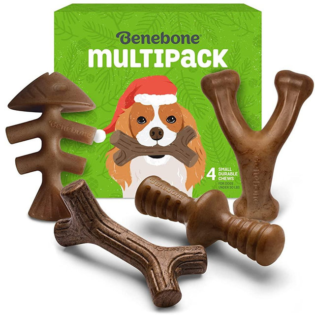 Benebone Holiday 4-Pack Durable Dog Chew Toys for Aggressive Chewers, Real Flavors, Made in USA