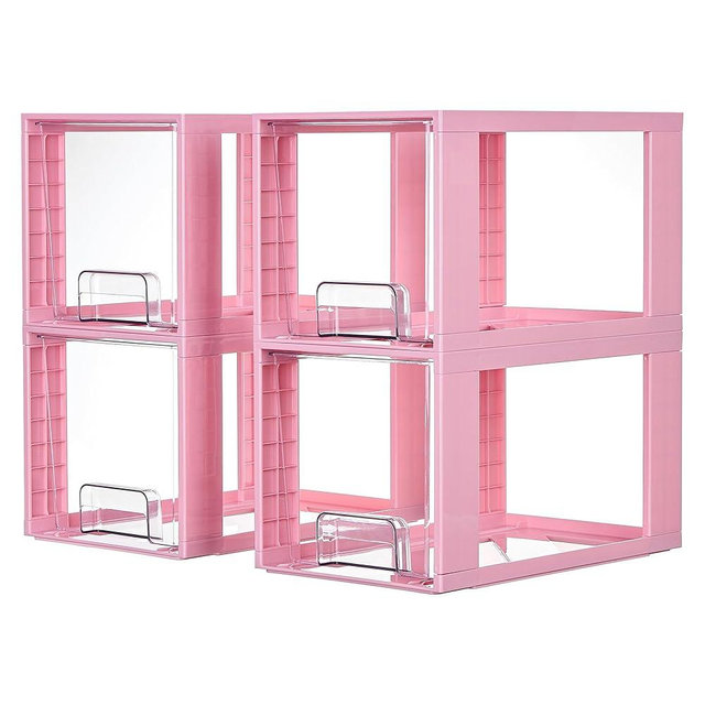 Vtopmart 4 Pack Large Stackable Storage Drawers,Pink,Easily Assemble Acrylic Bathroom Closet Undersink Organizers and Storage,Plastic Bins for Kitchen Cabinets,Pantry,Makeup,Medicine Organization