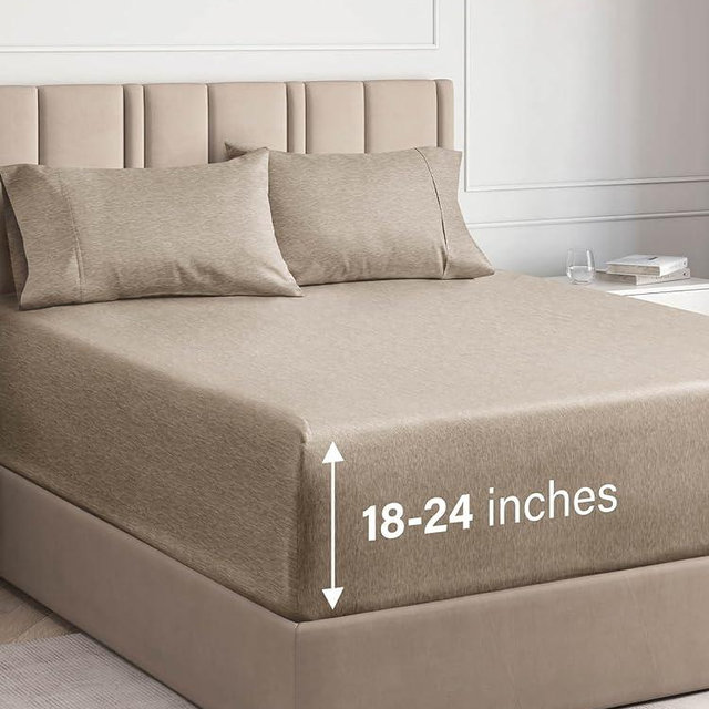 Extra Deep Pocket Queen Sheets - 4 Piece Breathable & Cooling Bed Sheets - Hotel Luxury Bed Sheet Set - Soft, Wrinkle Free & Comfy - Easily Fits Extra Deep Mattresses - Heathered Beige Sheets Set