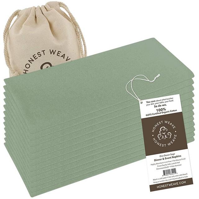 HONEST WEAVE GOTS Certified Organic Cotton Washable Cloth Napkins Sets for Everyday Dining, Dinner Parties, Weddings | Oversized 20x20 inches, Fully Hemmed, in Designer Colors, 12-Pack, Sage
