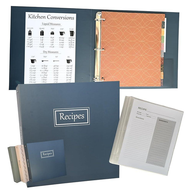 Recipe Binder with Plastic Sleeves, Custom Dividers, Labels. Water-Resistant Blank Recipe Binder 8.5x11 3 Ring Full Page Cookbook Organizer (Navy Blue)