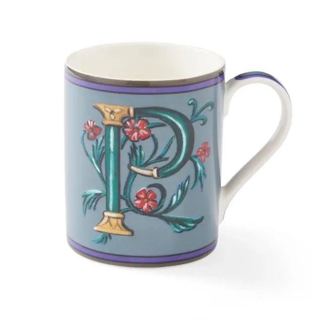 Kit Kemp by Spode 12oz Alphabet Mug, Letter P, Unique Stylish Monogram, Fine China, Dishwasher Safe, Personalized Initial, Fabulous Mug with Gift Box