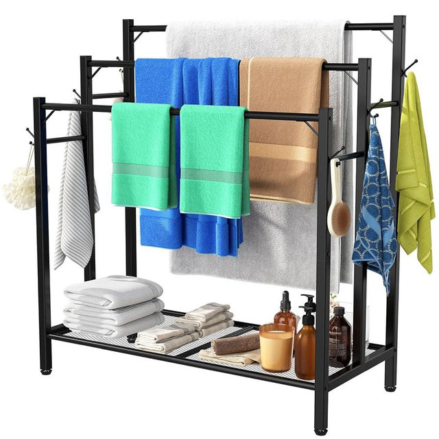 HavenlyYouth 3 Tier Towel Rack with Large Storage & 6 Hooks, Blanket Rack for Oversized Bath Towels, Free Standing Pool Towel Rack Stand for Bathroom Pool Indoor/Outdoor, 35.8" H x 31.5" L x 11.8" W