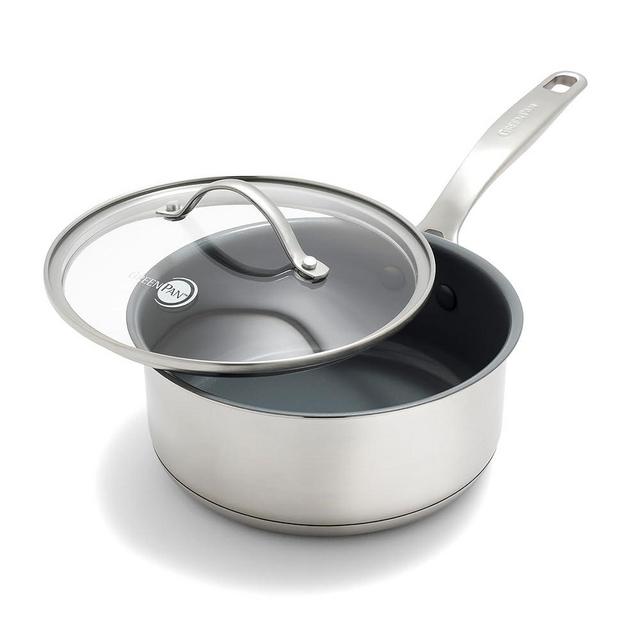 GreenPan Treviso Healthy Ceramic Nonstick 2.1QT Saucepan with Lid, PFOA-Free PFAS-Free, Stainless Steel Clad Cookware, Induction, Dishwasher Safe, Oven Safe, Even Heating, Silver