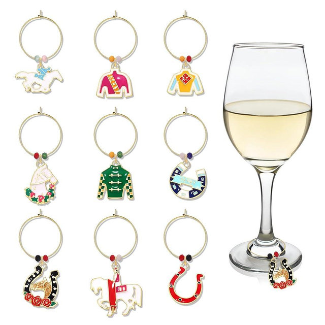 FAERLIIRY Holiday Wine Glass Charms Set of 9 Horseshoe USA Flag Rainbow Pride Wine Charms for Steam Glasses Markers Drink Identifiers Tags for Cups Festival Wines Tasting Party Supplies