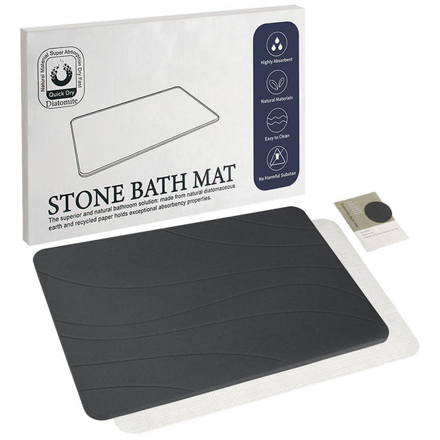 Robinuspc Stone Bath Mat, Quick Drying Bath Mat for Bathroom, Diatomaceous Earth Mat, Quick Dry Shower Mat, Fast Absorbent, Elegant Design, Easy to Clean - Black 23.6×15.35
