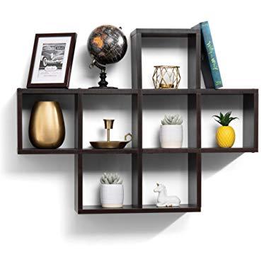 floating shelves with 10 square Cube wall shelves - Espresso Finish wall mounted shelves - Decorative Contemporary modern floating wall shelves - floating wood shelves great for Bedroom or Living Room