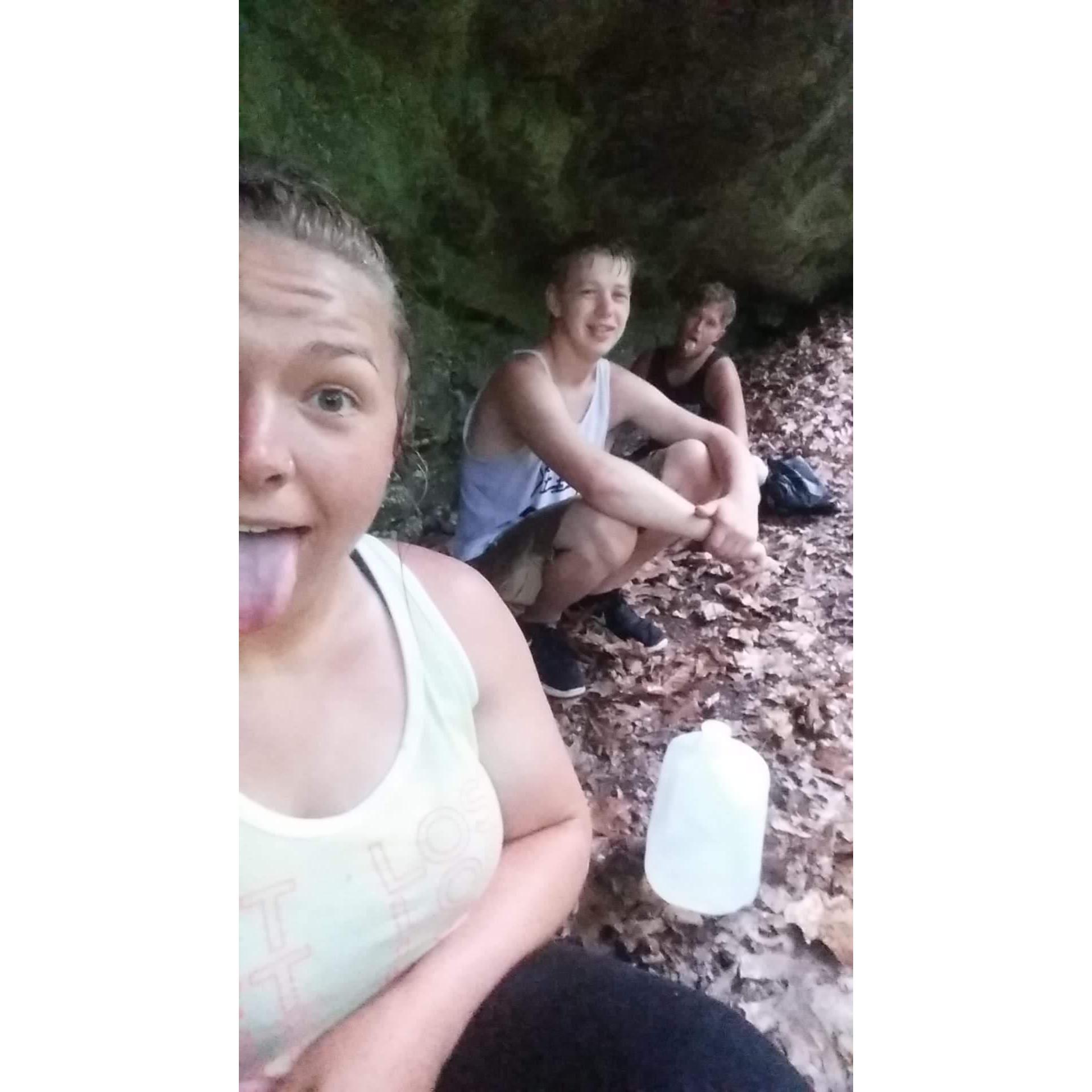 We got caught in a rain storm hiking in the mountains in Missouri and had to hide under some boulders! 2017