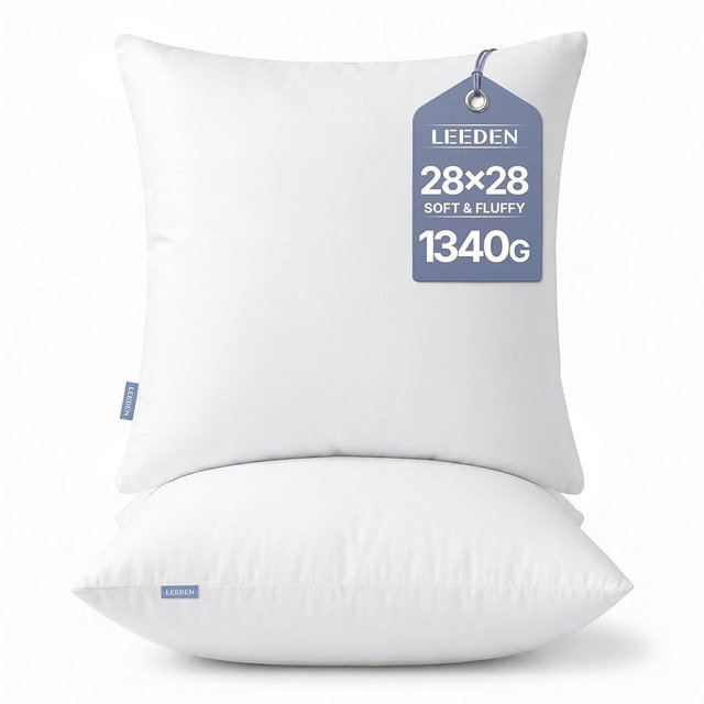 Leeden 28x28 Pillow Inserts Pack of 2, 28 Inch Throw Pillow Inserts, Soft Fluffy Decorative Square Throw Pillows for Couch, Sofa, Bed, and Home Decor White Pillows