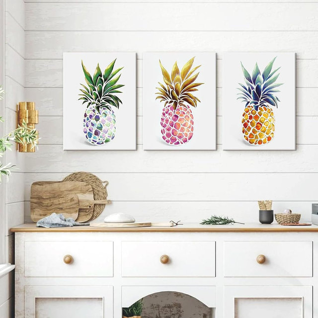 SEVEN WALL ARTS 3 Piece Abstract Still Life Canvas Painting Colorful Hawaii Pineapple Tropical Food Picture for Bar Kitchen Living Room Office Bathroom home Décor 12" x16" x 3 pcs