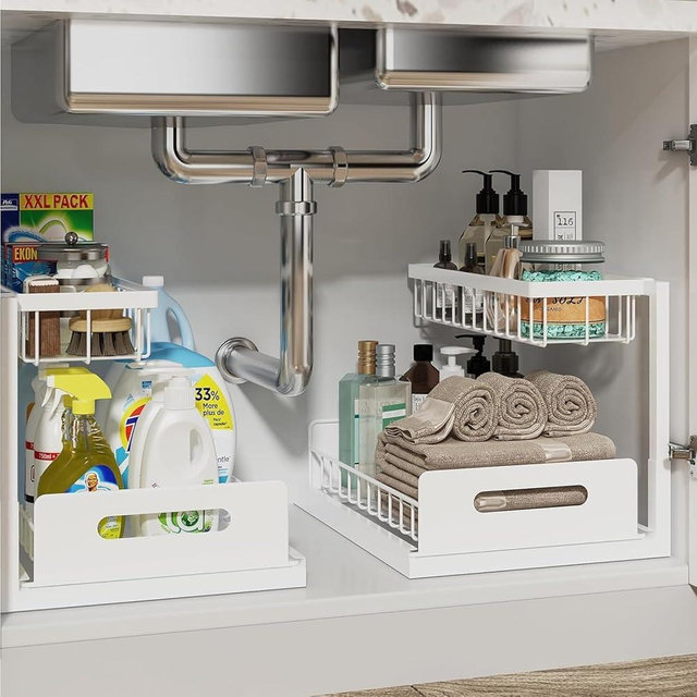 2 Under Sink Organizer with Microfiber Towels, Metal Sliding Drawer for Sink Shelf Pull Out Cabinet Kitchen Sink Organizer Bathroom Storage undersink Organizers Multi-Purpose for Home (White)