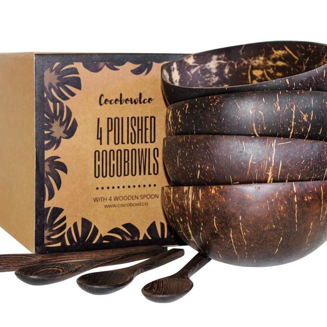 Coconut Bowls and Wooden Spoon Set