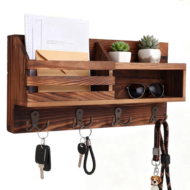 Eryvik Key and Mail Holder for Wall, Mail Organizer Wall Mount with Shelf, Farmhouse Entryway Decor for Organizing A4 Bags,Wallet, Dog Leash, Sunglass (Brown)