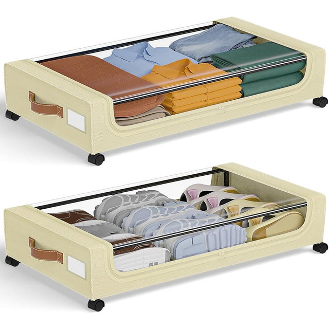 GoMaihe Under Bed Storage with Wheels: XXL 48L Underbed Storage Containers with Clear Lids - Rolling Drawers & Bins for Shoes Clothes in Dorm Bedroom - Space-Saving Easy Pull-out Beige 2-Pack
