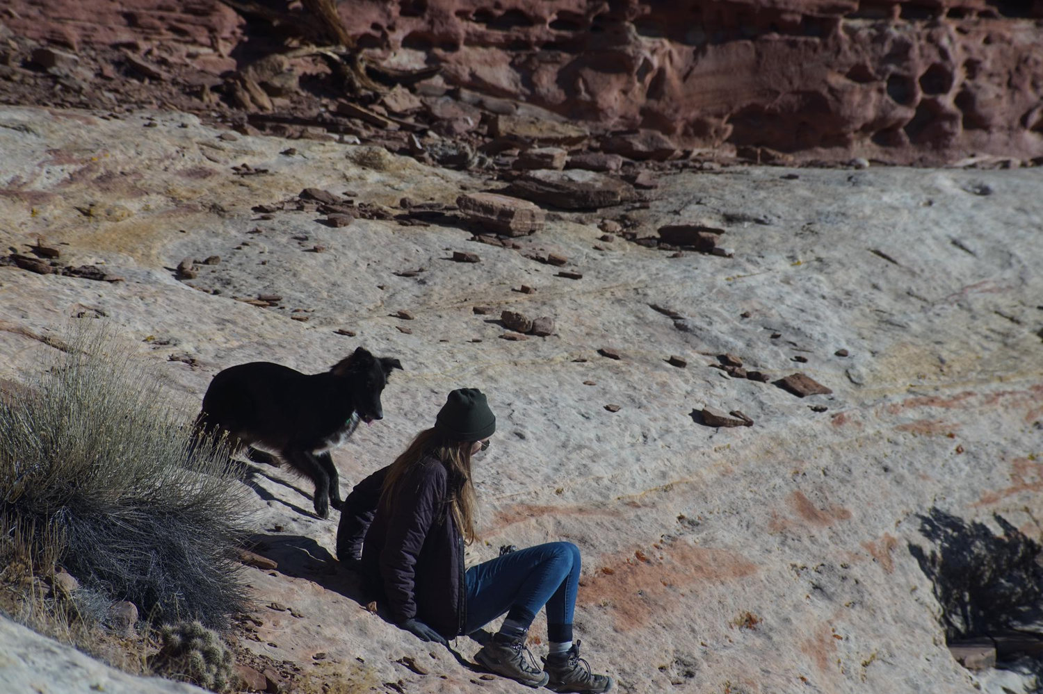 Chiso helping Shaylee scramble down from a pictograph site along the Escalante River in Utah